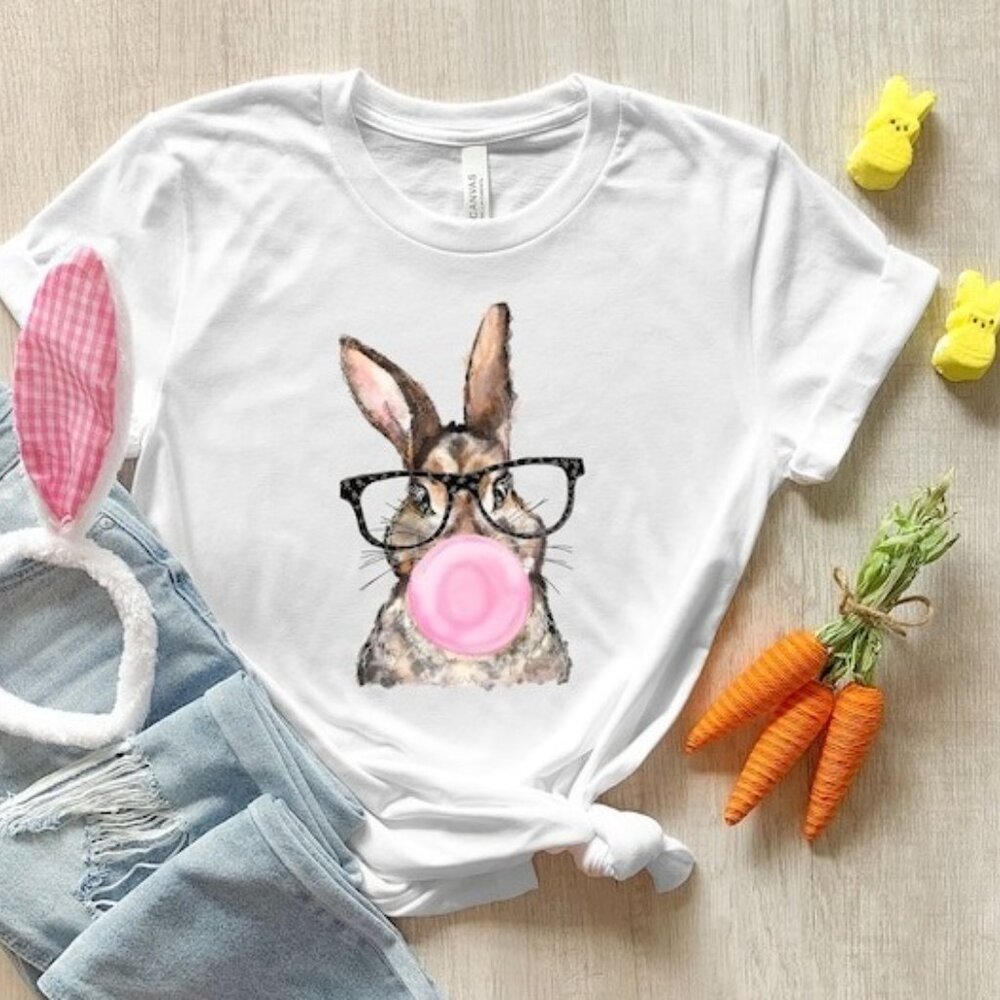 Easter Bunny T-Shirt Leopard Glasses Cute Easter Graphic Unisex Top 96